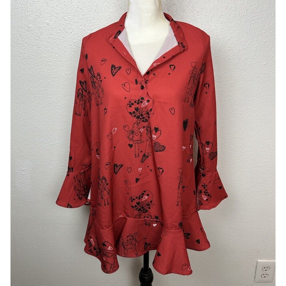 Zara Womens Size Small Love Valentines Hearts Whimsy Oversized Tunic Ruffle Top
